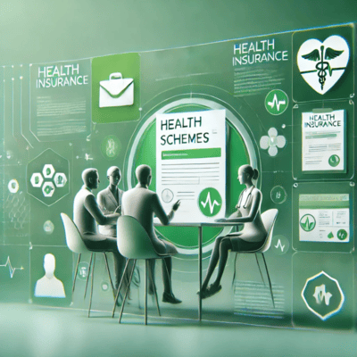 A modern and professional digital graphic with a green-themed background, the image represent Medical Schemes and Medical Insurance.